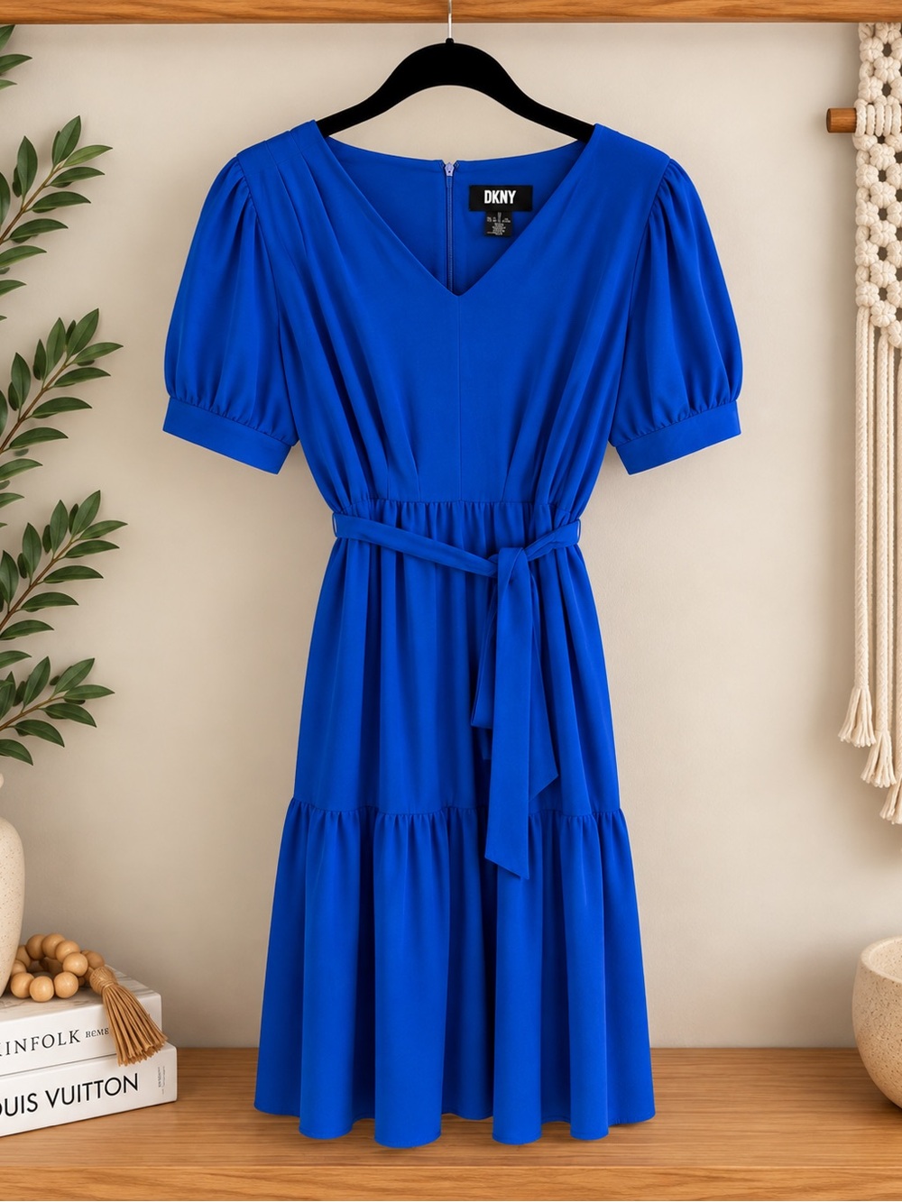 DKNY Cobalt Blue V-Neck Puff Sleeve Midi Dress with Self-Tie Belt